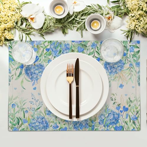 Hydrangea Spring Summer Placemats Set of 4 Sage Green Eucalyptus Leaves Blue Floral Butterfly Placemat 12x18 Inch Seasonal Holiday Table Place Mats for Farmhouse Kitchen Dining Decor (4 Count)