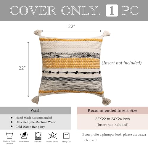 Boho Decorative Throw Pillow Cover 22x22 Square Yellow Mustard Accent Pillowcase Tassels Farmhouse Cushion for Couch Sofa Bedroom Living Room Home Décor Cover ONLY