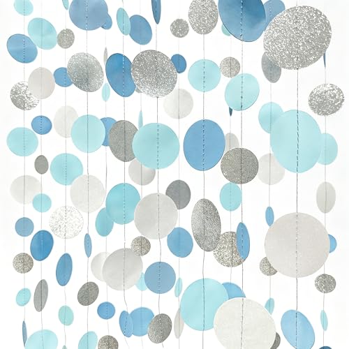 Dusty Blue Silver White Polka Dots Garland Hanging Paper Circle Dot Streamer for Nautical Birthday Wedding Engagement Bridal Shower Retirement Graduation Hen Party Decorations Supplies