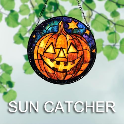 Stained Glass Window Hanging Halloween Horror Golden Pumpkin 15"