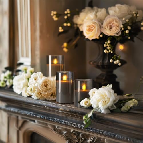 Grey Ribbed Glass Flameless Electric LED Candles with Remote Timer (3 Count)