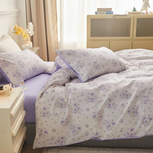 Vintage Floral Comforter Set Queen Purple Flower Bedding Comforter for Queen Bed Boho Garden Floral Botanical Comforter with 2 Pillowcases Farmhouse Bedding Girls Floral Comfy Comforter Set