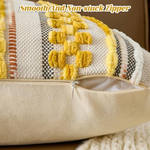 Set of 2 Chenille Striped Textured Boho Throw Pillow Covers Aesthetic with Tassels Woven Decorative Pillow Case for Couch Bed Sofa Bedroom Modern Funky 18 x 18 (2 Count)