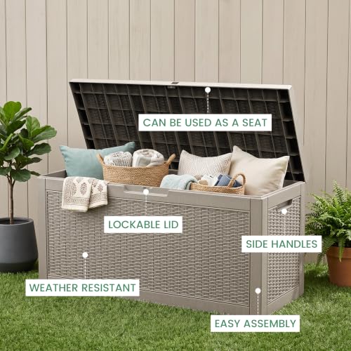 60 Gallon Outdoor Storage Box Waterproof Lockable Resin with Side Handles