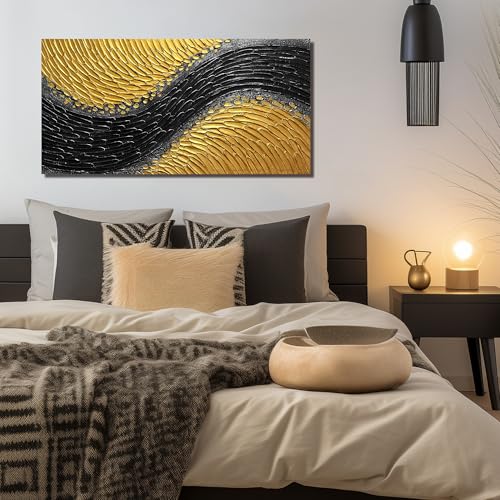 Abstract Painting Wall Art for Living Room Black and Gold Wall Art for Office 3D Textured Canvas Wall Decor for Bedroom Size 20 x 40 Inch