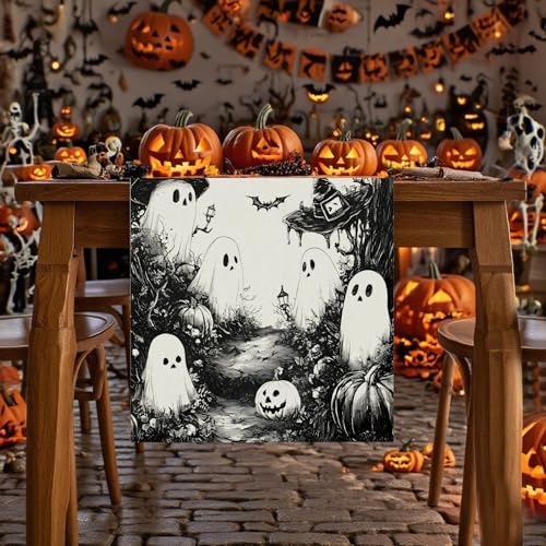 Halloween Table Runner Black Ghost Holiday Burlap Table Decoration Indoor Outdoor Home Decor Party Supply 13 x 120 Inch