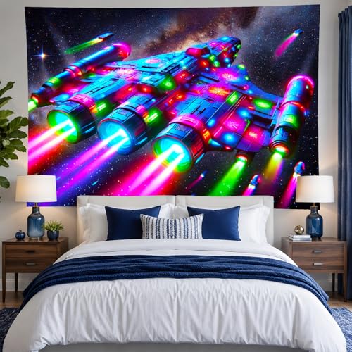 Blacklight Tapestry Spacecraft Galaxy UV Wall Art 78 x 59 Inch