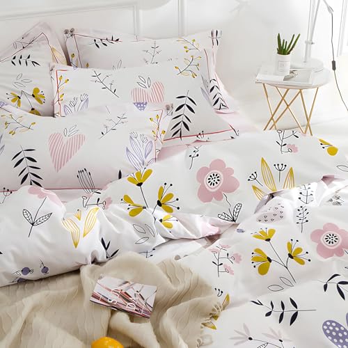 Girls Floral Comforter Set Twin XL Chic Flowers Leaves Pattern Comforter with 2 Pillowcases Fluffy Soft Cute Floral Bedding Set 3 Pieces Cottagecore Bedding Vintage Flowers Botanical Comforter Set