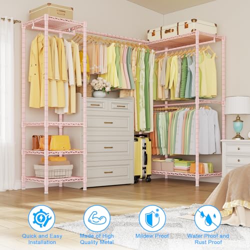 E10L L Shaped Clothes Rack for Corner（With Expandable Hanger Rod）Heavy Duty Freestanding Clothing Racks for Hanging Clothes