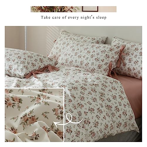 Blush Pink Floral Comforter Set Twin XL Vintage Garden Flower Bedding Comforter Girls Botanical Comforter with 2 Bow Ties Pillowcases Fluffy Cottagecore Comforter Set for All Seasons