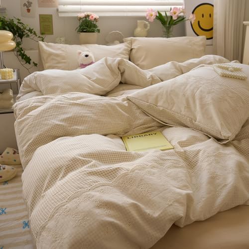 Tan Gingham Comforter Set Queen Princess Lace Style Beige Taupe Plaid Comforter Set Soft Fluffy Grid Farmhouse Gingham Bedding Set Vintage Plaid Checkered Comforter with 2 Pillowcases