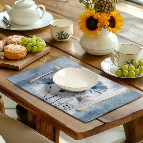 Daisy Placemats Set of 4 Blue Grey Rustic Vintage Floral Table Place Mats 12x18 Inch Seasonal Flower Spring Summer Linen Placemat for Party Kitchen Dining Outdoor Indoor Decor (4 Count)