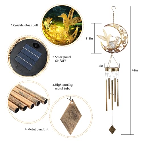 Solar Wind Chimes for Outside Hummingbird Gifts for Women Mom Grandma Sister Crackle Glass Ball Wind Chimes Solar Lights Outdoor Decor for Garden Backyard Patio Yard Porch