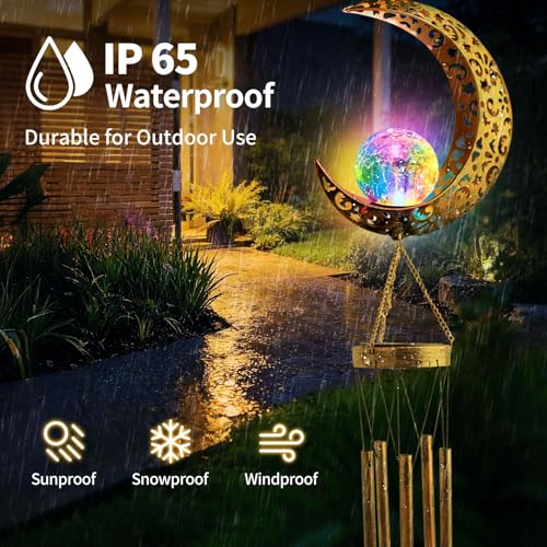 Solar Moon Wind Chimes for Outside Color Changing Unique Birthday Mom Gifts for Women Mom Grandma Crackle Glass Ball LED Wind Chimes Solar Lights Outdoor Garden Decor Light for Patio Yard Backyard