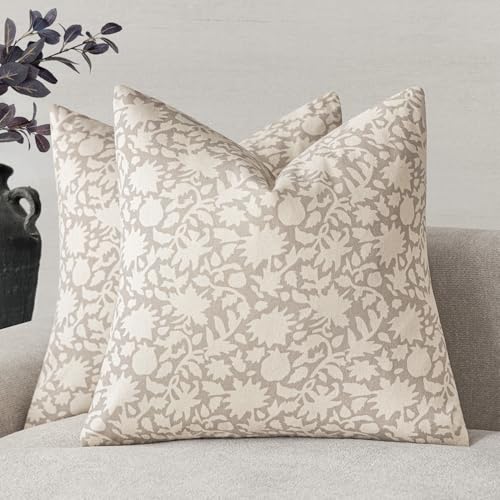 Set of 2 Decorative Neutral Floral Throw Pillow Covers Accent Farmhouse Cushion Covers Boho Vintage Pillowcase for Couch Sofa Bedroom Living Room Home Decor (2 Count)
