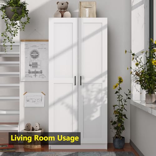 White Tall Kitchen Pantry Cabinet Organizers and Storage with Doors and Adjustable Shelves