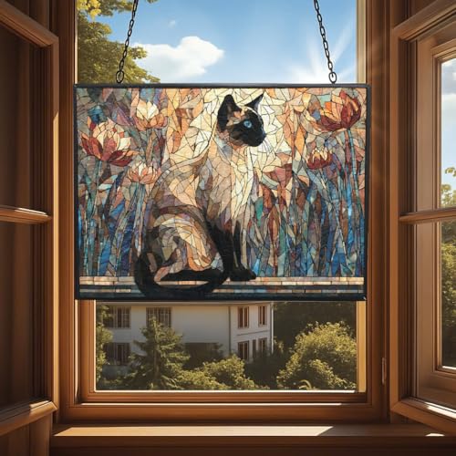 Rectangle Mosaic Siamese Cat On Windowsill Stained Glass Window Hanging Sun Catcher Halloween Haning Ornament Decoration Christmas Birthday Gifts for Lover