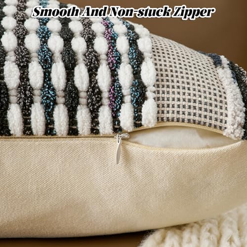 Set of 2 Chenille Striped Textured Boho Throw Pillow Covers Aesthetic with Tassels Woven Decorative Pillow Case for Couch Bed Sofa Bedroom Modern Funky 18 x 18 (2 Count)