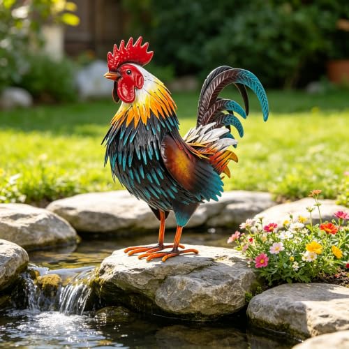 Rooster Garden Statue Sculpture Metal Chicken Yard Decor Outdoor Figurines Patio Backyard Decoration