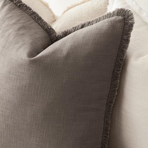 Decorative Linen Fringe Throw Pillow Covers 16×16 Light Coffee (2 Count)
