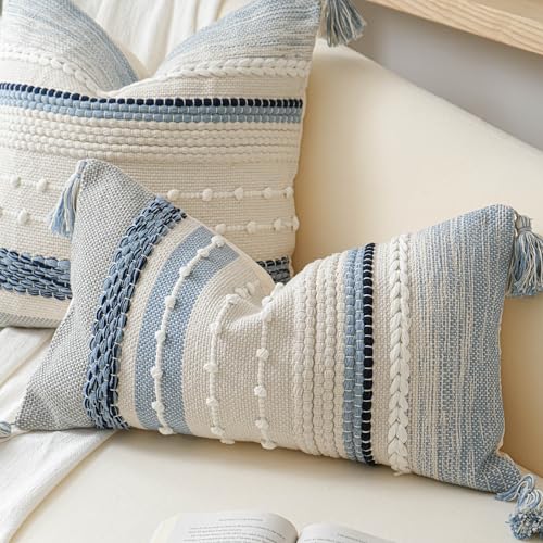 Coastal Blue Boho Decorative Throw Pillow Cover 20x20 Modern Bohemian Accent Pillow Case Square Woven Textured Farmhouse Pillows for Couch Bed