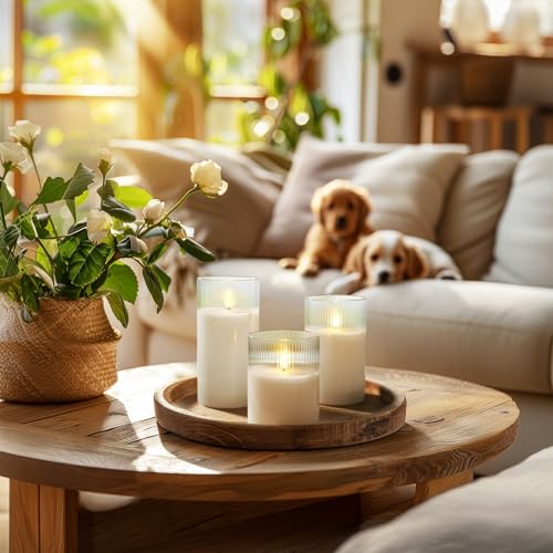 White Ribbed Glass Flameless LED Pillar Candles with Remote Timer