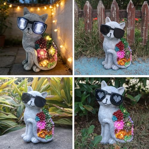 Solar Cat Garden Decor Statues with Succulent LED Lights and Sunglasses