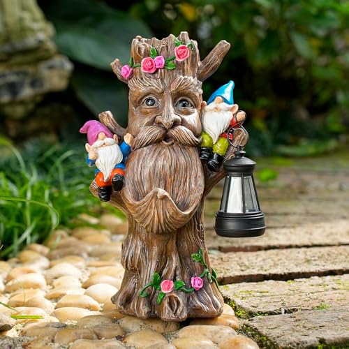 Outdoor Tree Face Garden Gnome Statue with Lantern