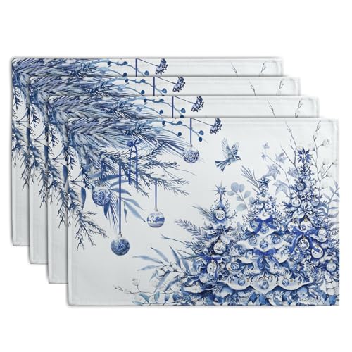Blue and White Christmas Tree Placemats Set of 4