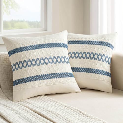 Set of 2 Coastal Blue Boho Decorative Pillow Covers 18x18 Inch (2 Count)