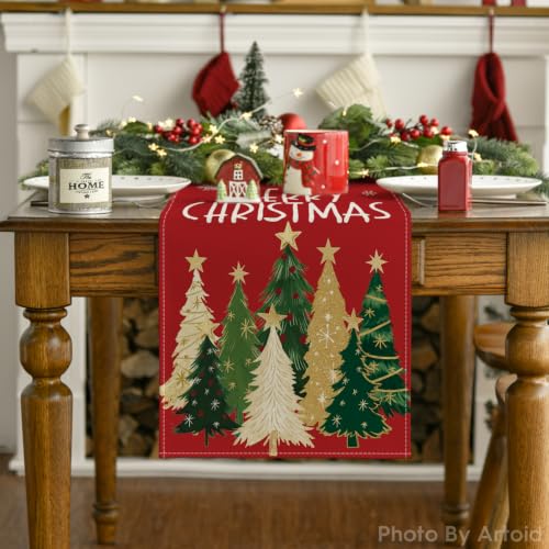 Red Xmas Trees Table Runner Home Party Decor 13x48 Inch