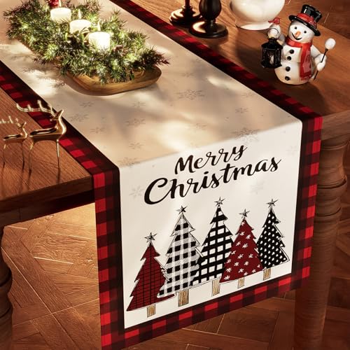 Christmas Table Runner Snowflakes Xmas Tree Decorations with Red Buffalo