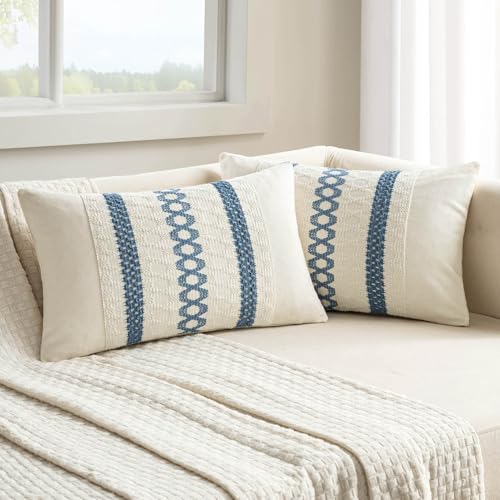 Set of 2 Blue Boho Decorative Lumbar Pillow Covers 12x20 Inch (2 Count)