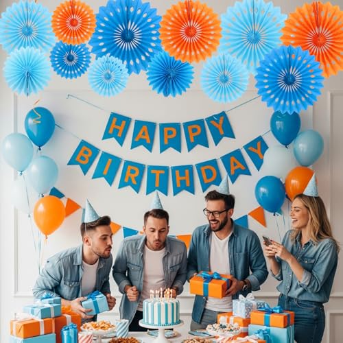 Honeycomb Round Paper Fan Blue Mix Orange Hanging Party Decoration (11 Count)