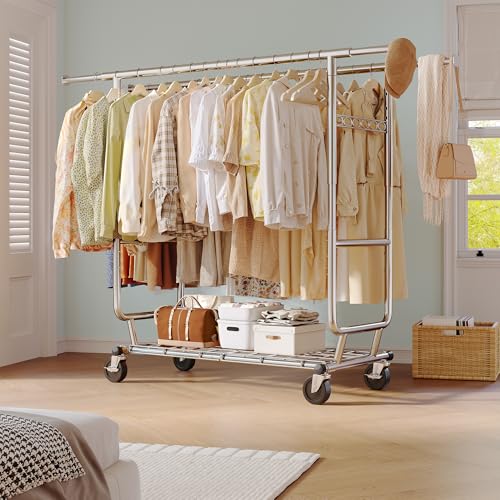 Heavy Duty Clothes Rack 650LBS Double Rods with Shelf Collapsible