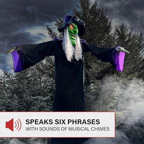 15.1 Ft. Mounted Flying Witch Animatronic with Lights (15ft Animated Towering Witch)