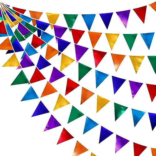 Rainbow Party Decorations Colorful Metallic Fabric Triangle Pennant Banner Flag Bunting Garland for Rainbow Fiesta Carnival Christmas Birthday Wedding Shower Holiday Outdoor Party Supplies