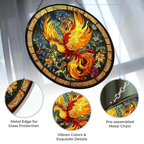 Sacred Phoenix Bird Suncatcher Stained Glass Window Hangings Sun Catchers Colorful Ornament Gifts for Women Mom Wife Halloween Christmas Housewarming 11.8"