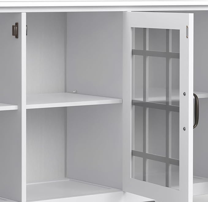 SIMPLIHOME Connaught Storage Cabinet - 60 inch Wide Solid Wood Buffet in White, Traditional Sideboard for Dining Room, Entryway, or Living Room with Glass Doors, Adjustable Shelves, and Notched Legs