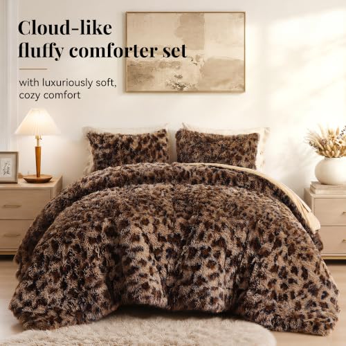 Fluffy King Size Comforter Set Leopard Print Faux Fur Comforter 3Pcs