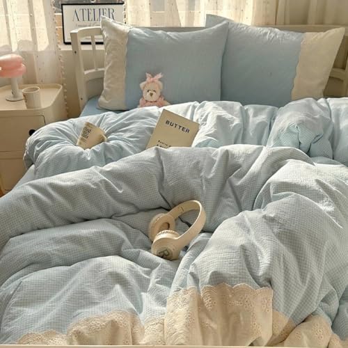 Blue Gingham Comforter Set King Romantic Lace Bedding Comforter with 2 Pillowcases Vintage Plaid Checkered Comforter Farmhouse Grid Bedding Set Blue Plaid Comforter Set for All Seasons