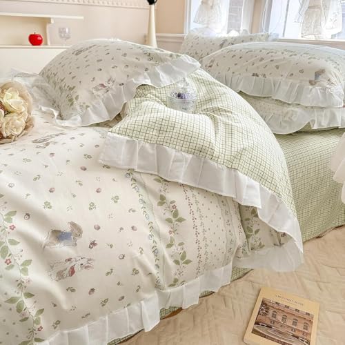 Twin XL Comforter Set Cute Flower Green Leaves Pattern Comforter White Ruffle Bedding Comforter with 2 Pillowcases Reversible Green Plaid Comforter Botanical Flower Cute Rabbit Comforter Set