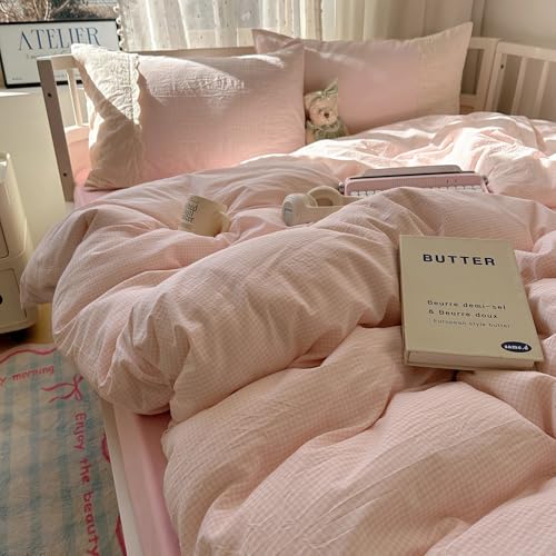 Pink Gingham Comforter Set Full Size Soft Fluffy Romantic Lace Bedding Set Cottagecore Cute Plaid Checkered Comforter Set 3 Pieces Pink Grid Farmhouse Bedding Comforter with 2 Pillowcases