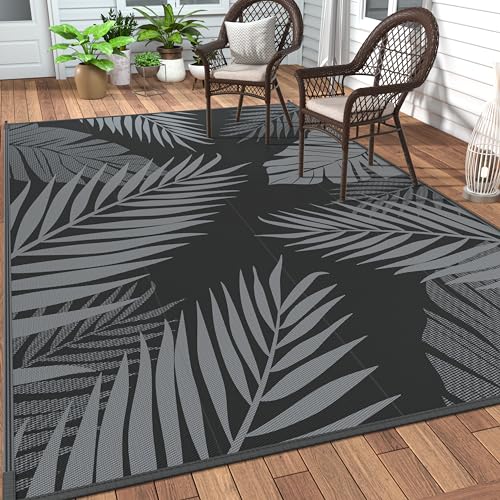 Outdoor Rug Waterproof Plastic Rugs 9'x18' for Camping Black Grey