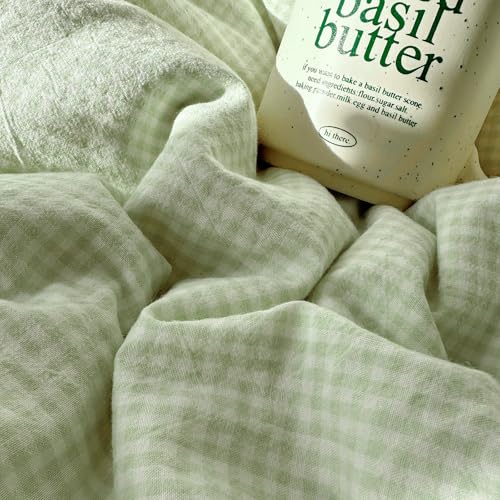 Green Gingham Comforter Set Full Size Princess Lace Style Vintage Plaid Checkered Comforter Chic Gingham Farmhouse Bedding Set Lightweight Fluffy Soft Green Plaid Grid Comforter Set Full