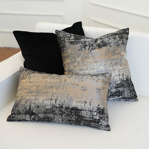 Charcoal Champagne Metallic Jacquard Lumbar Pillow Cover 12x20 Velvet Back Modern Glam Sofa Decor