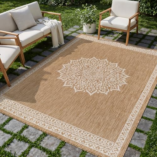 Outdoor Rug 5x7 Medallion Natural Modern Area Rugs for Indoor and Outdoor Patios Kitchen and Hallway Mats Washable Porch Deck Outside Carpet (35 Sq Ft)