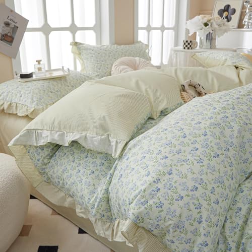 Green Floral Comforter Set Twin XL Romantic Ruffled Comforter Blue Flower Bedding Comforter Set Soft Microfiber Floral Bedding Set Lightweight Fluffy Vintage Botanical Comforter for All