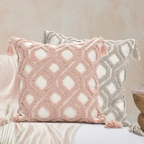 Boho Throw Pillow Covers 18x18 Tufted with Tassels