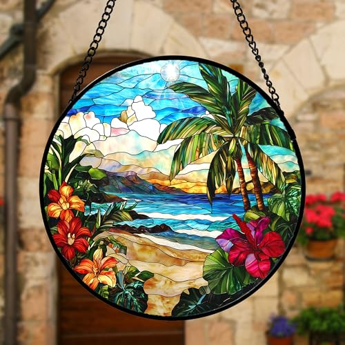 Tropical Hibiscus Beach Stained Glass Window Hanging Suncatcher Gifts 9.8"
